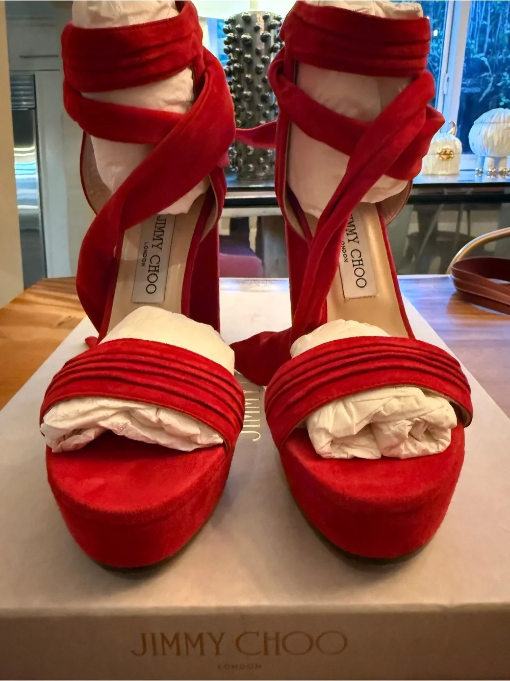 Jimmy Choo Red Suede Ankle-Tie Platform Sandals size 40